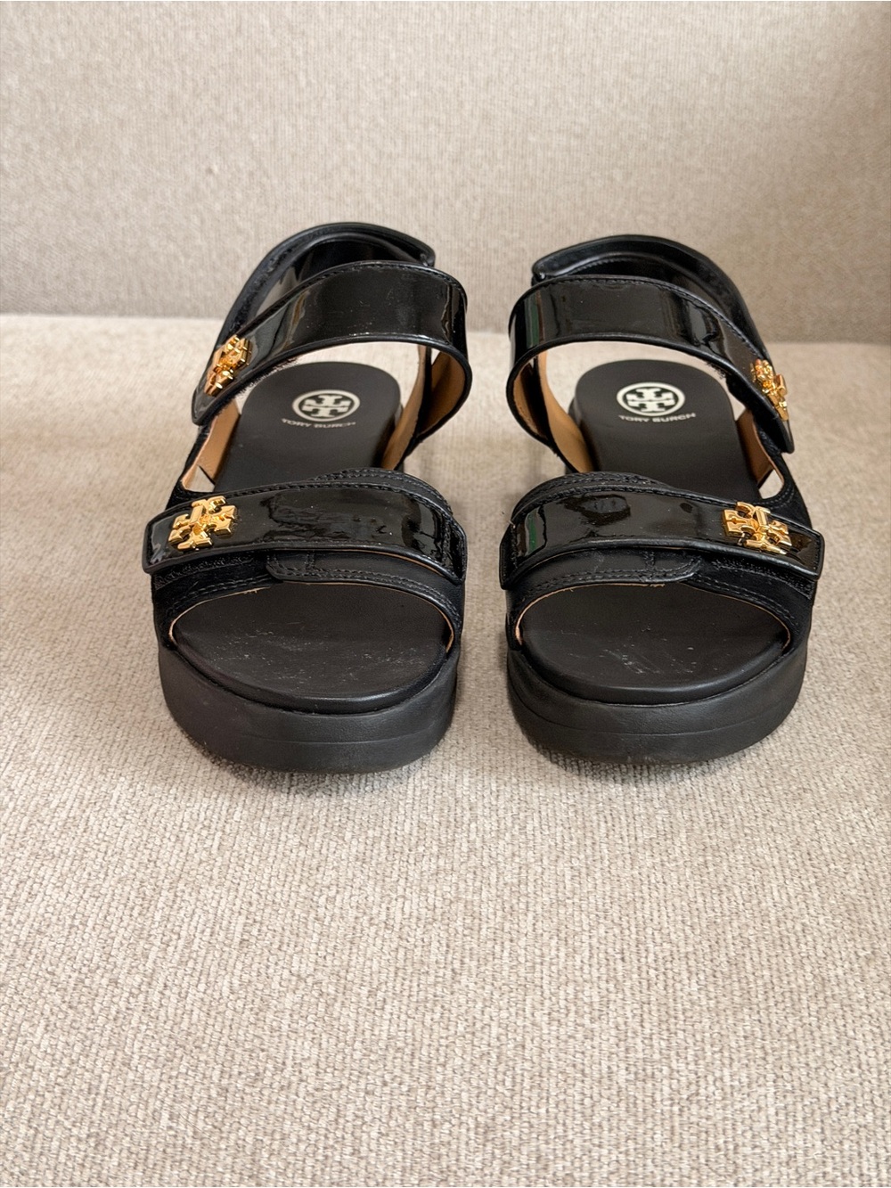 Tory Burch Kira Black Patent Double-Strap Sandals with Gold Logo Accents - Picture 4 of 10